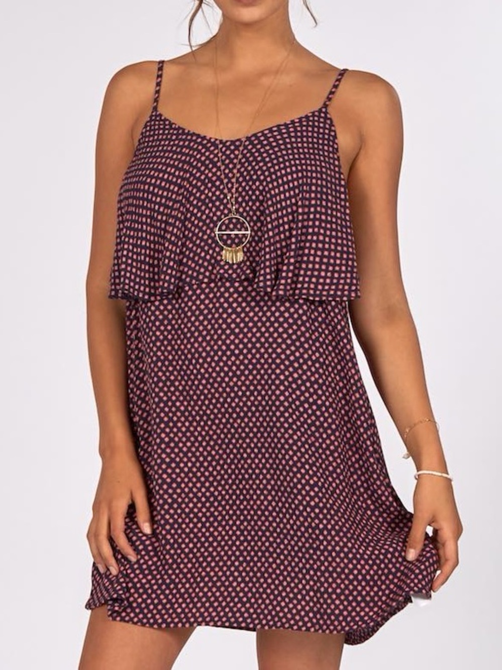 Billabong Done Down Pink and Navy Printed Spaghetti-Strap Mini Dress